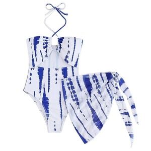 SHEIN Tie Dye Cut Out Halter One Piece Swimsuit With Beach Skirt in Blue, Size L